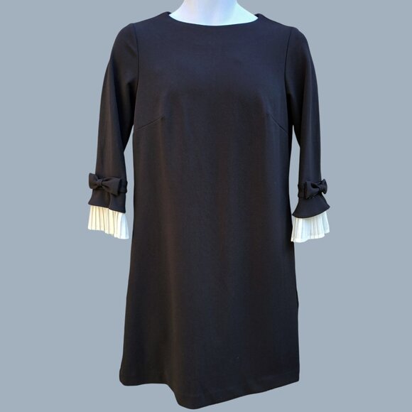 Sharagano Women Black Long Sleeve White Ruffled Pleated Cuffs ZipUp Dress Size 4 - Picture 1 of 13